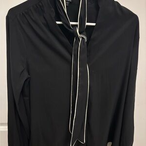 Express Black Blouse with White Trim Tie Neck